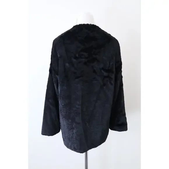 Vintage 1960s Styled By Winter Size L Faux Fur Teddy Coat Double Breasted Black - Picture 9 of 12